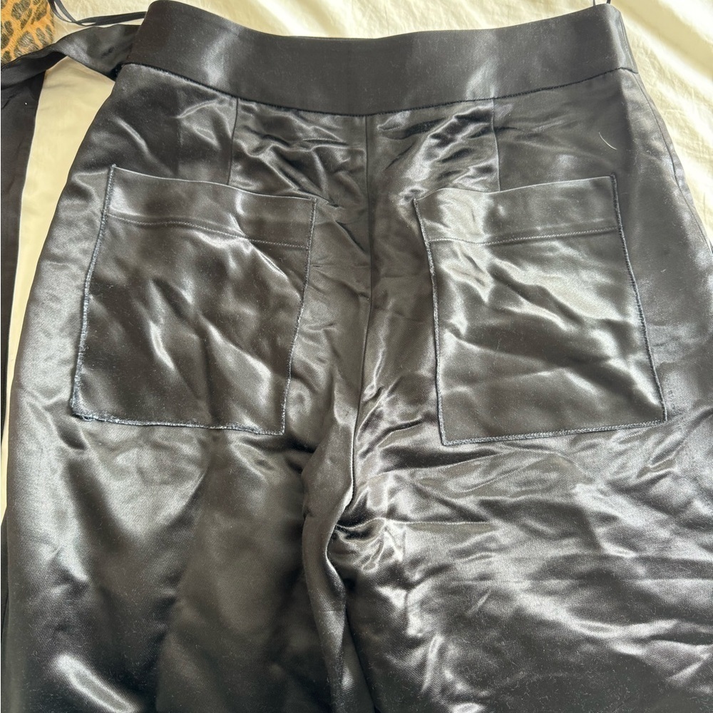 Tibi- Black Wide Leg Satin Pants with Tie Sash Belt - Picture 4 of 6